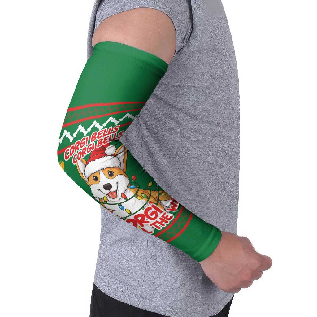 Corgi Dog Lights Corgi Bells Corgi All the Way Arm Sleeves wirh Green Snowflake Pattern Design - Wonder Print Shop