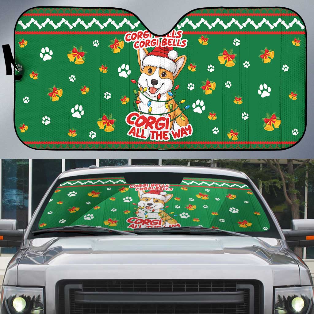 Corgi Dog Lights Corgi Bells Corgi All the Way Auto Sun Shade wirh Green Snowflake Pattern Design - Wonder Print Shop