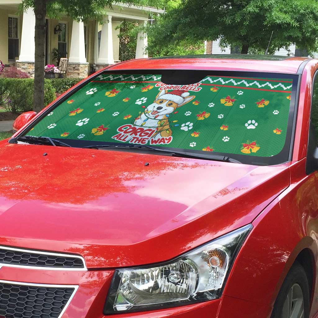 Corgi Dog Lights Corgi Bells Corgi All the Way Auto Sun Shade wirh Green Snowflake Pattern Design - Wonder Print Shop