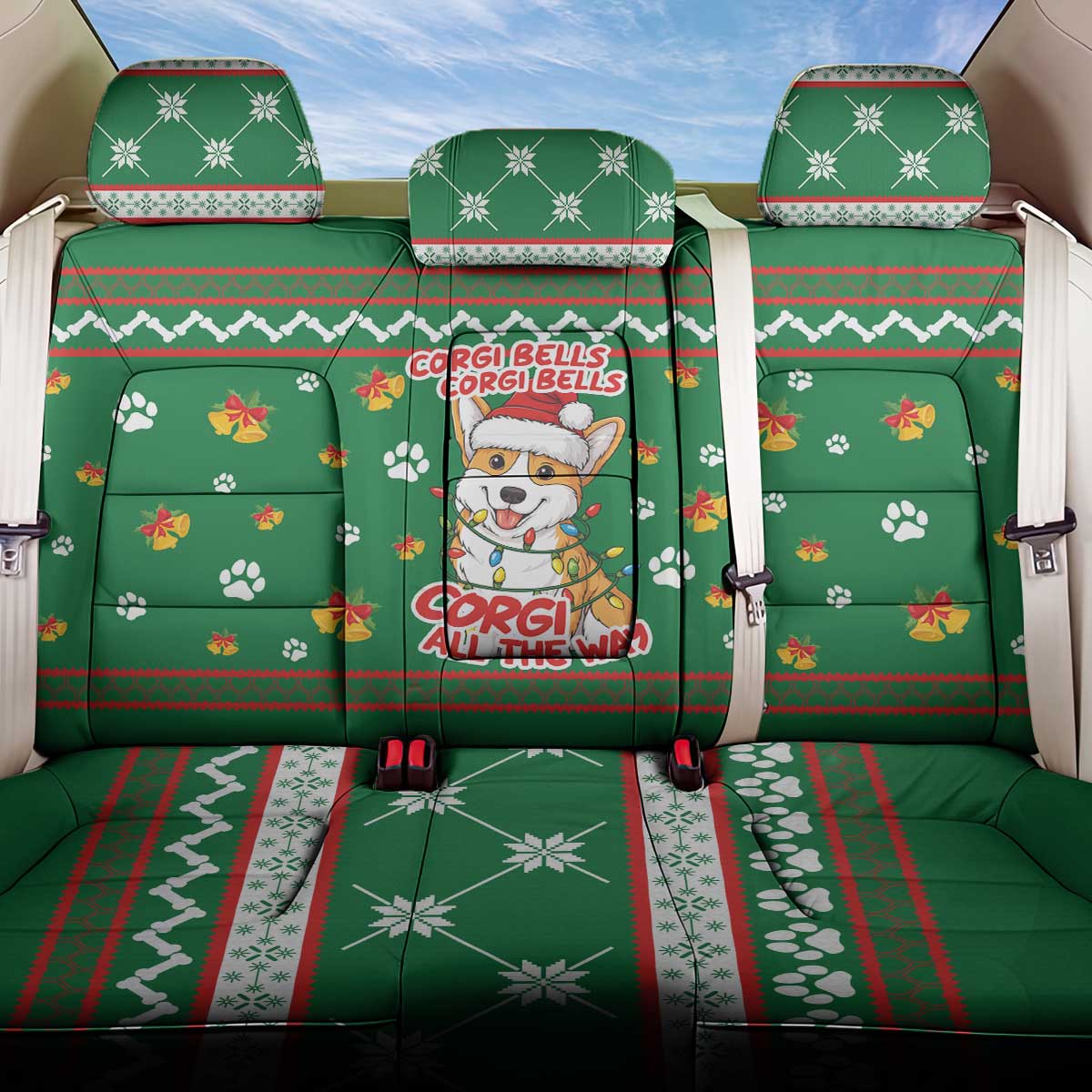 Corgi Dog Lights Corgi Bells Corgi All the Way Back Car Seat Cover wirh Green Snowflake Pattern Design - Wonder Print Shop