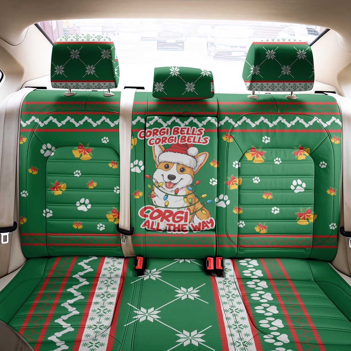 Corgi Dog Lights Corgi Bells Corgi All the Way Back Car Seat Cover wirh Green Snowflake Pattern Design - Wonder Print Shop