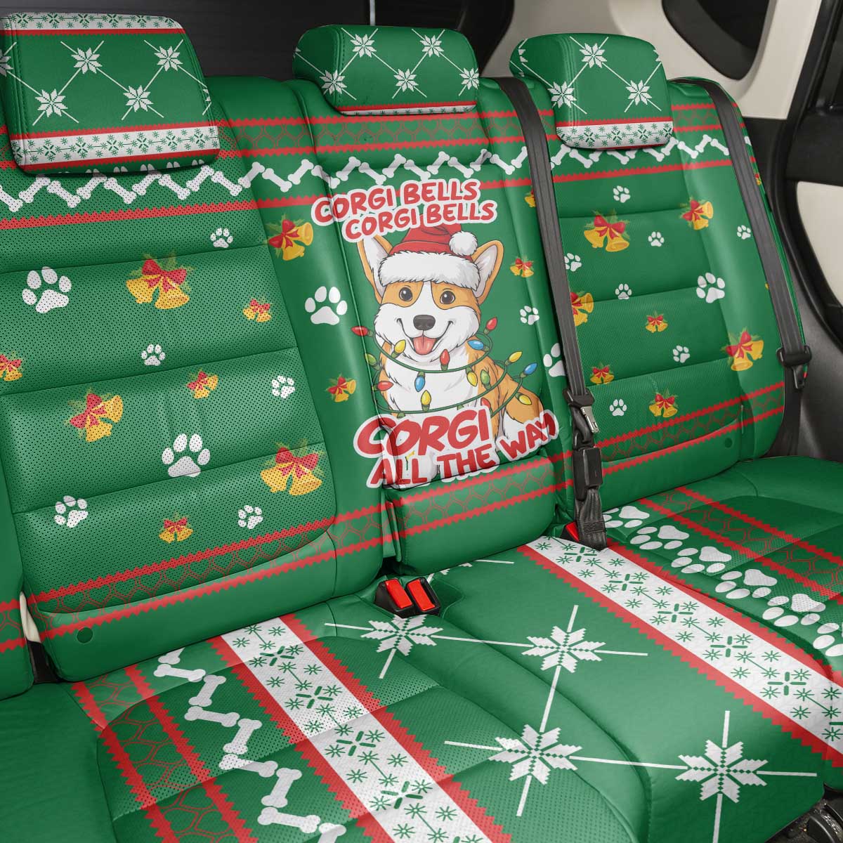 Corgi Dog Lights Corgi Bells Corgi All the Way Back Car Seat Cover wirh Green Snowflake Pattern Design - Wonder Print Shop