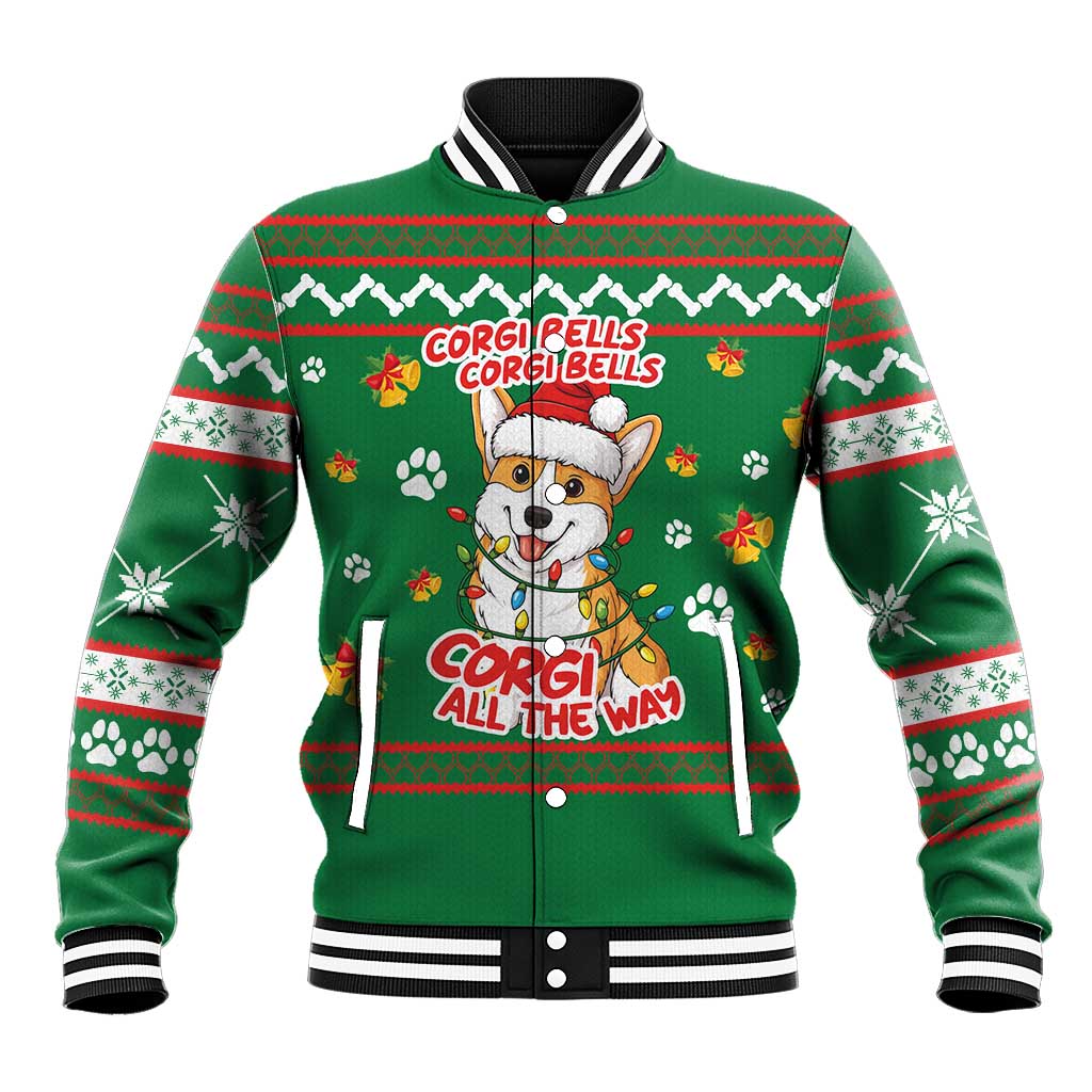 Corgi Dog Lights Corgi Bells Corgi All the Way Baseball Jacket wirh Green Snowflake Pattern Design - Wonder Print Shop