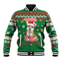 Corgi Dog Lights Corgi Bells Corgi All the Way Baseball Jacket wirh Green Snowflake Pattern Design - Wonder Print Shop