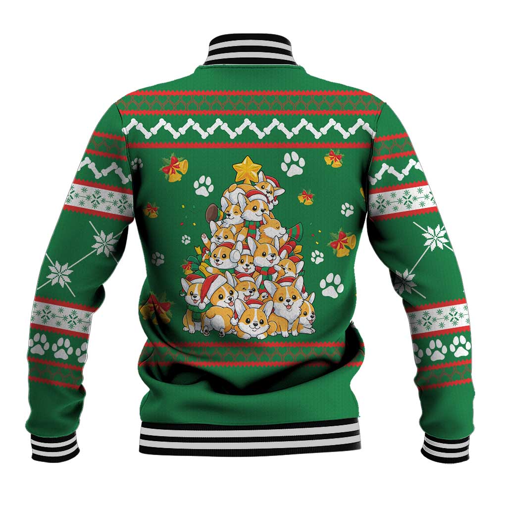 Corgi Dog Lights Corgi Bells Corgi All the Way Baseball Jacket wirh Green Snowflake Pattern Design - Wonder Print Shop