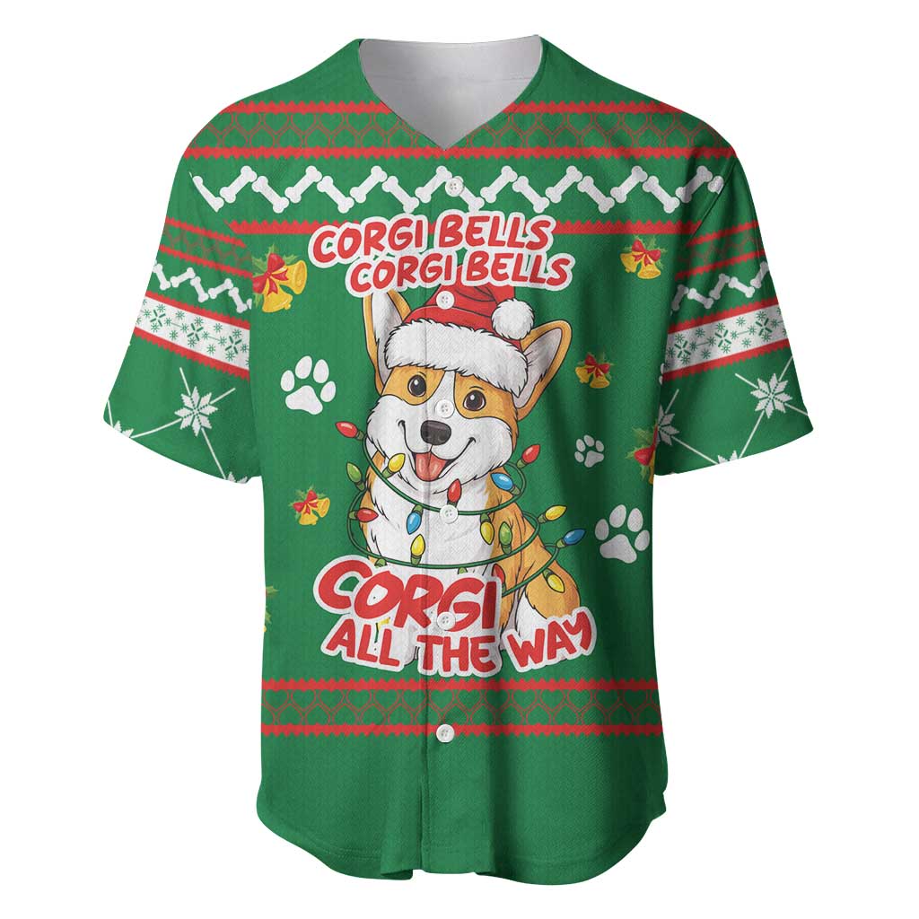 Corgi Dog Lights Corgi Bells Corgi All the Way Baseball Jersey wirh Green Snowflake Pattern Design - Wonder Print Shop