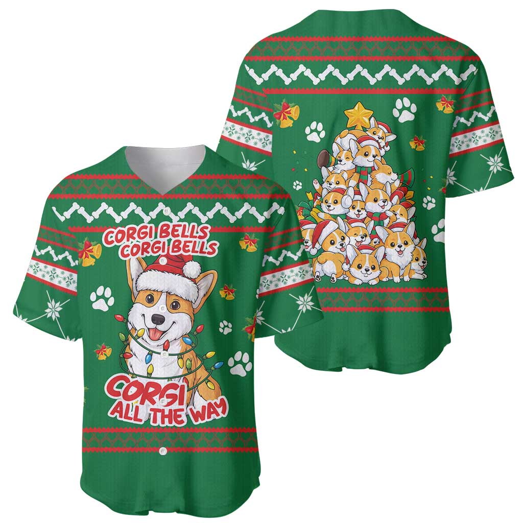 Corgi Dog Lights Corgi Bells Corgi All the Way Baseball Jersey wirh Green Snowflake Pattern Design - Wonder Print Shop