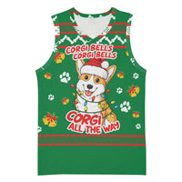 Corgi Dog Lights Corgi Bells Corgi All the Way Basketball Jersey wirh Green Snowflake Pattern Design - Wonder Print Shop