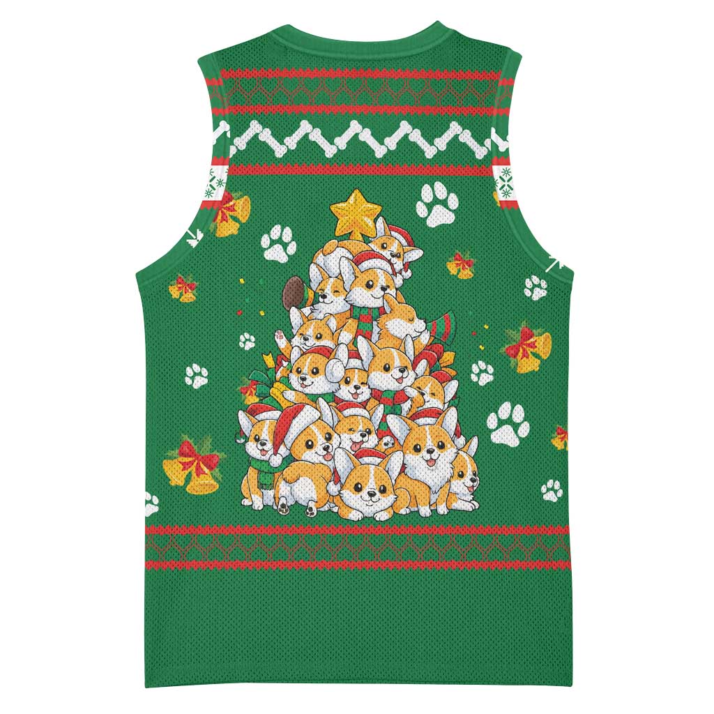Corgi Dog Lights Corgi Bells Corgi All the Way Basketball Jersey wirh Green Snowflake Pattern Design - Wonder Print Shop