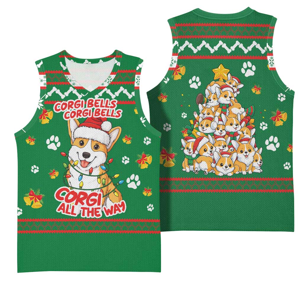 Corgi Dog Lights Corgi Bells Corgi All the Way Basketball Jersey wirh Green Snowflake Pattern Design - Wonder Print Shop
