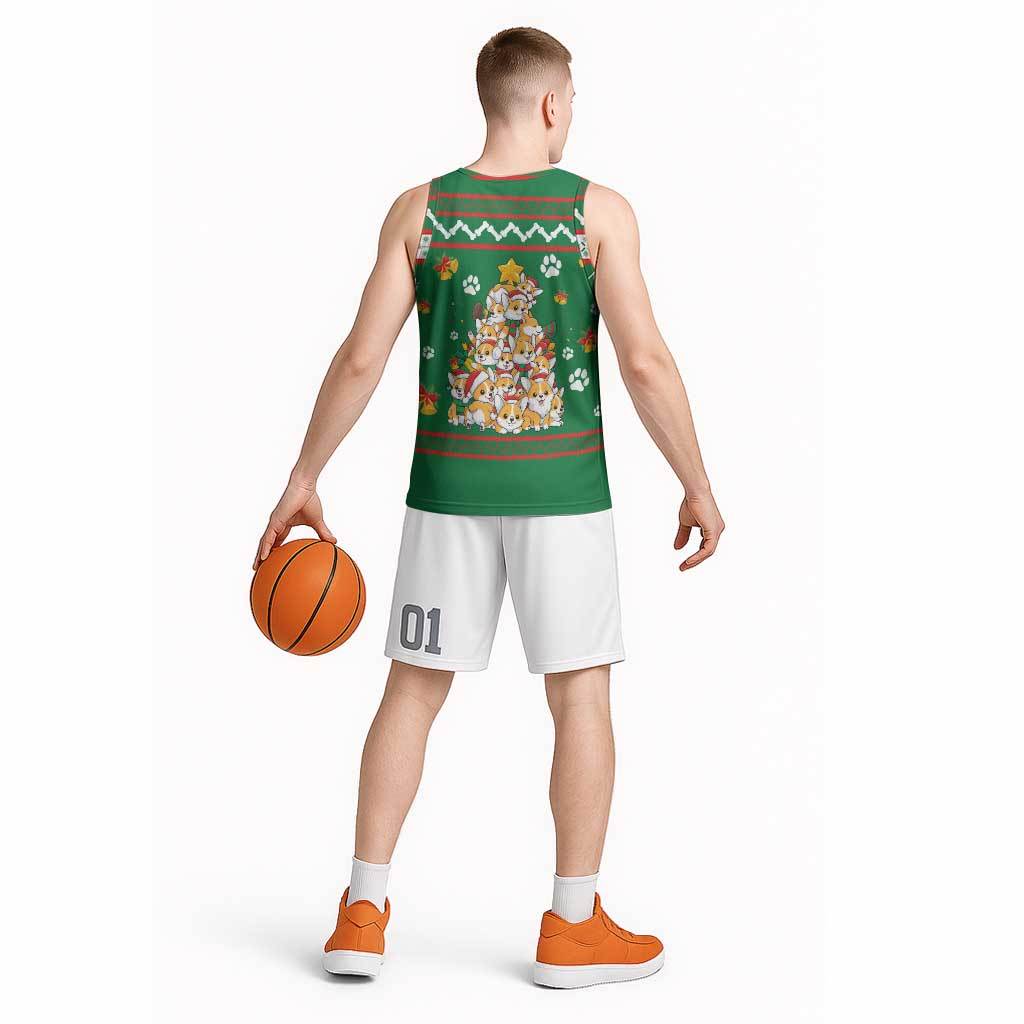 Corgi Dog Lights Corgi Bells Corgi All the Way Basketball Jersey wirh Green Snowflake Pattern Design - Wonder Print Shop