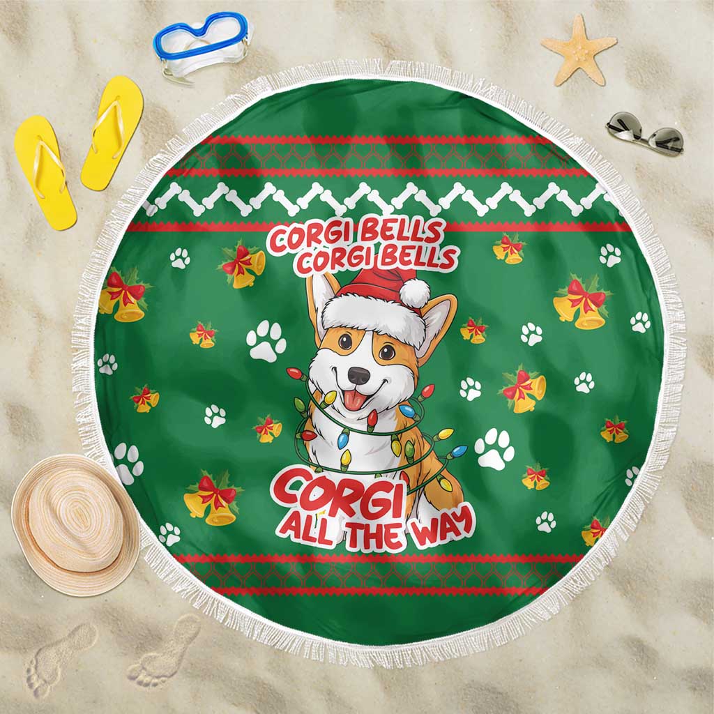 Corgi Dog Lights Corgi Bells Corgi All the Way Beach Blanket wirh Green Snowflake Pattern Design - Wonder Print Shop