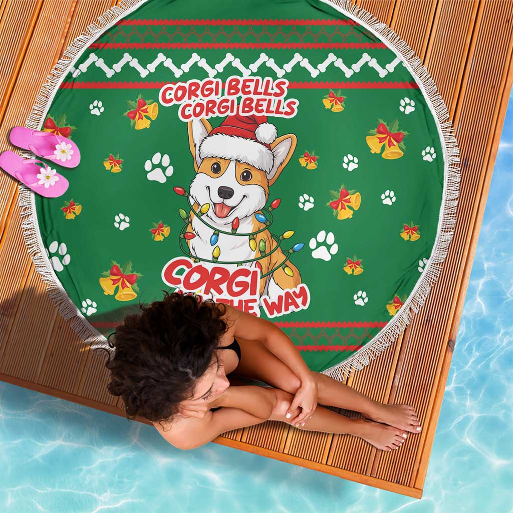 Corgi Dog Lights Corgi Bells Corgi All the Way Beach Blanket wirh Green Snowflake Pattern Design - Wonder Print Shop