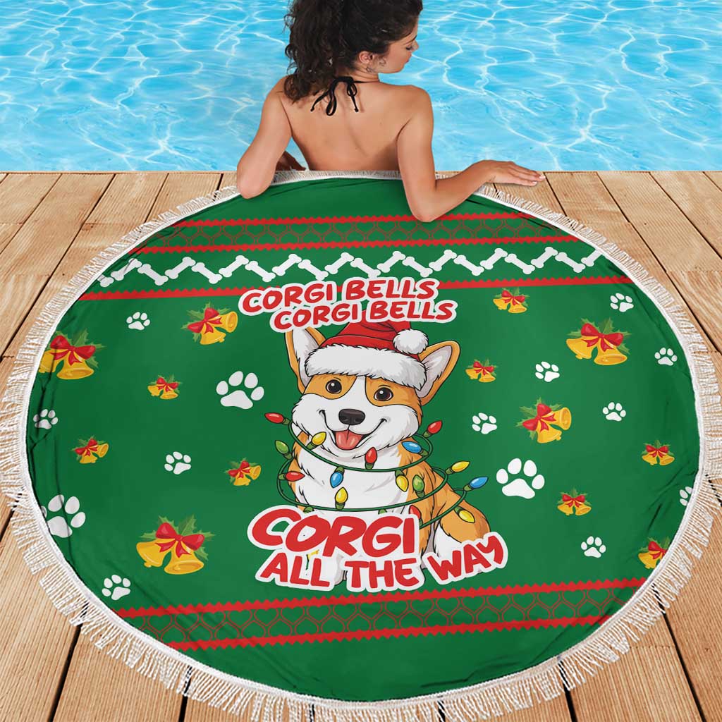 Corgi Dog Lights Corgi Bells Corgi All the Way Beach Blanket wirh Green Snowflake Pattern Design - Wonder Print Shop