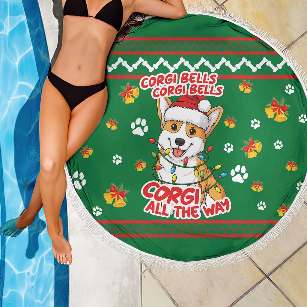 Corgi Dog Lights Corgi Bells Corgi All the Way Beach Blanket wirh Green Snowflake Pattern Design - Wonder Print Shop