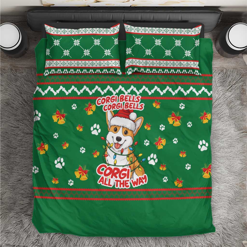 Corgi Dog Lights Corgi Bells Corgi All the Way Bedding Set wirh Green Snowflake Pattern Design - Wonder Print Shop