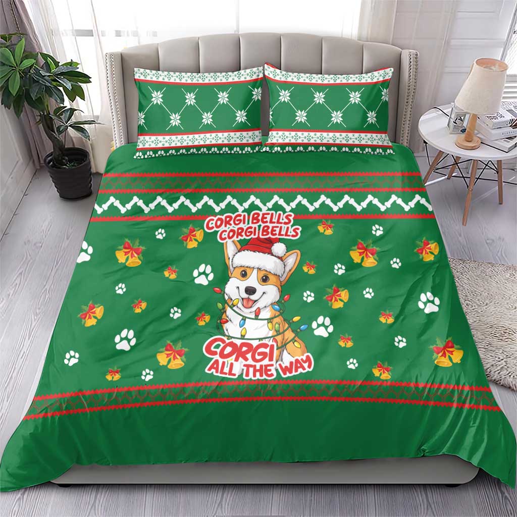 Corgi Dog Lights Corgi Bells Corgi All the Way Bedding Set wirh Green Snowflake Pattern Design - Wonder Print Shop