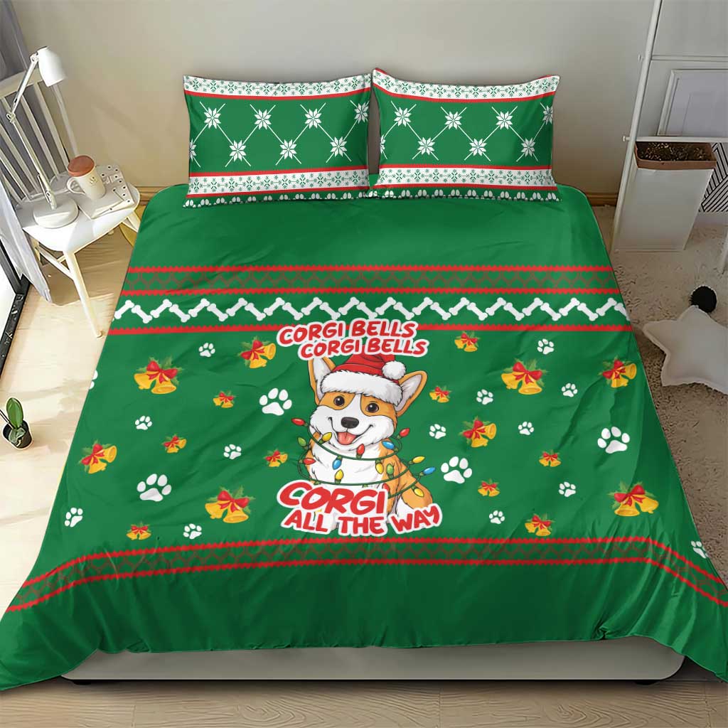 Corgi Dog Lights Corgi Bells Corgi All the Way Bedding Set wirh Green Snowflake Pattern Design - Wonder Print Shop