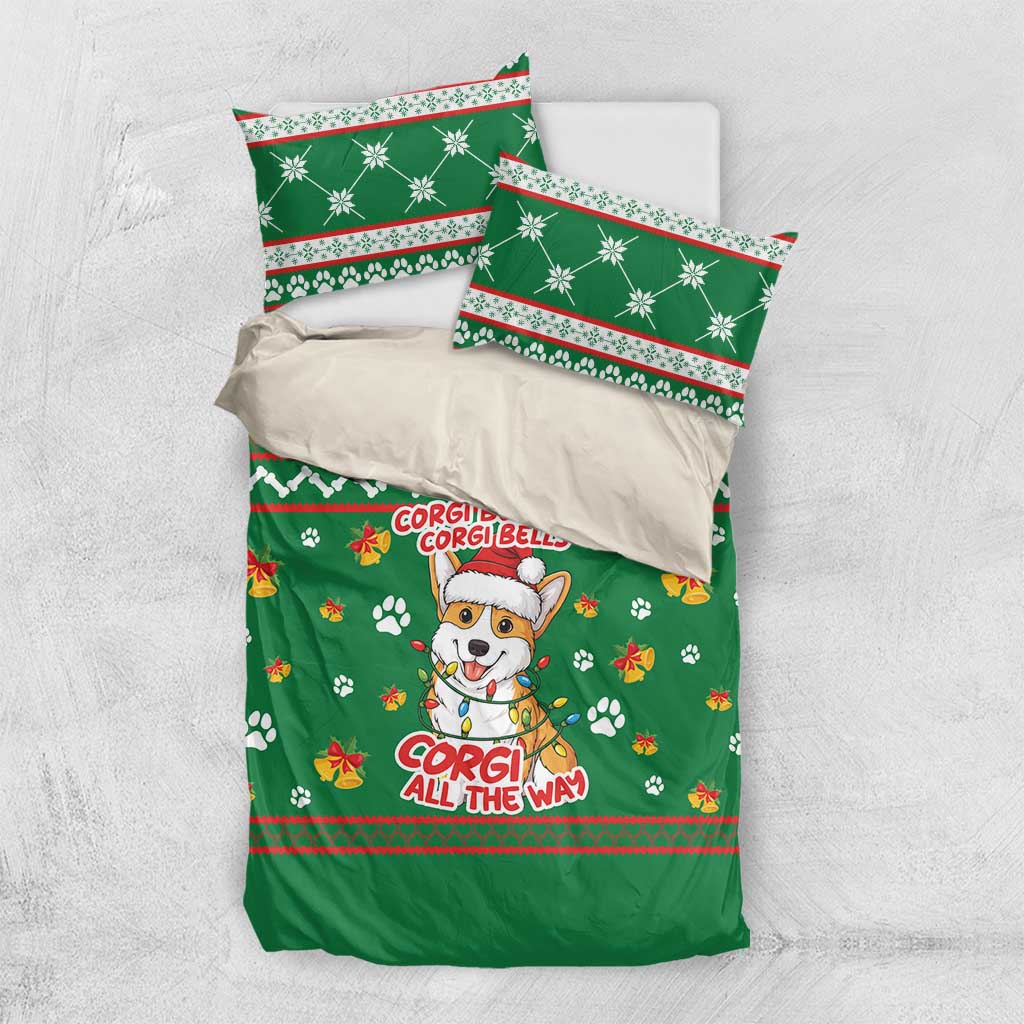 Corgi Dog Lights Corgi Bells Corgi All the Way Bedding Set wirh Green Snowflake Pattern Design - Wonder Print Shop