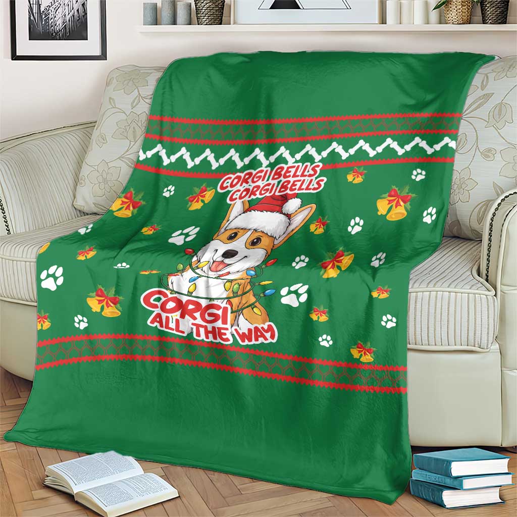 Corgi Dog Lights Corgi Bells Corgi All the Way Blanket wirh Green Snowflake Pattern Design - Wonder Print Shop