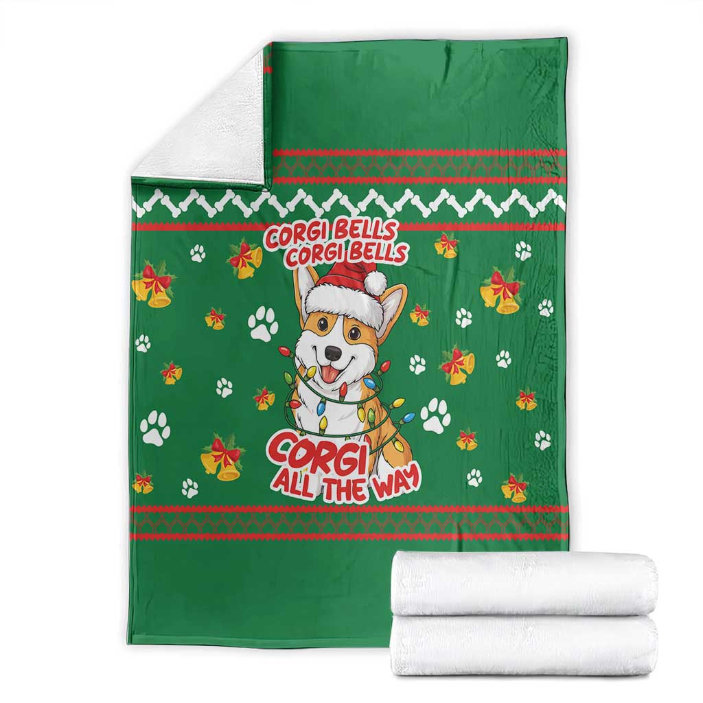 Corgi Dog Lights Corgi Bells Corgi All the Way Blanket wirh Green Snowflake Pattern Design - Wonder Print Shop