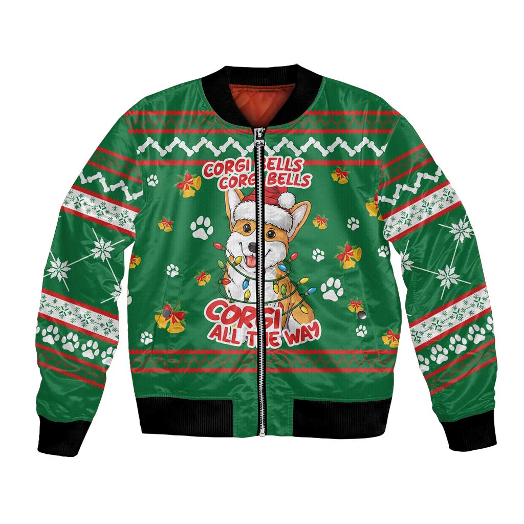 Corgi Dog Lights Corgi Bells Corgi All the Way Bomber Jacket wirh Green Snowflake Pattern Design - Wonder Print Shop