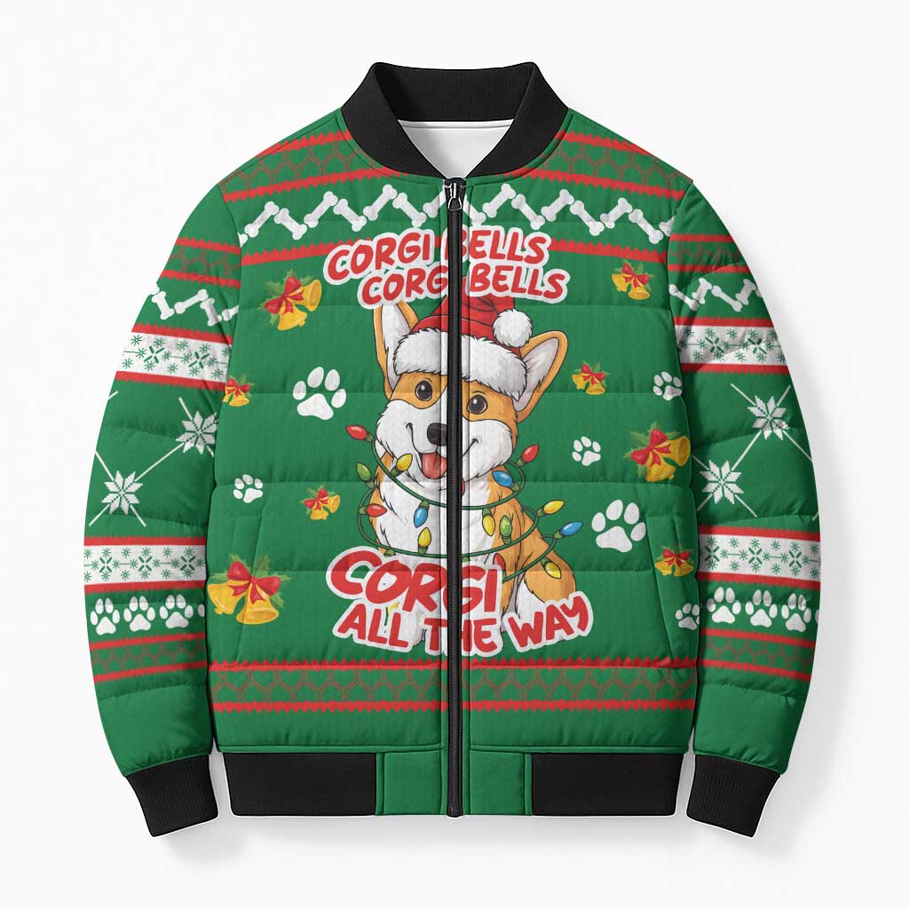 Corgi Dog Lights Corgi Bells Corgi All the Way Bomber Puffer Jacket wirh Green Snowflake Pattern Design - Wonder Print Shop