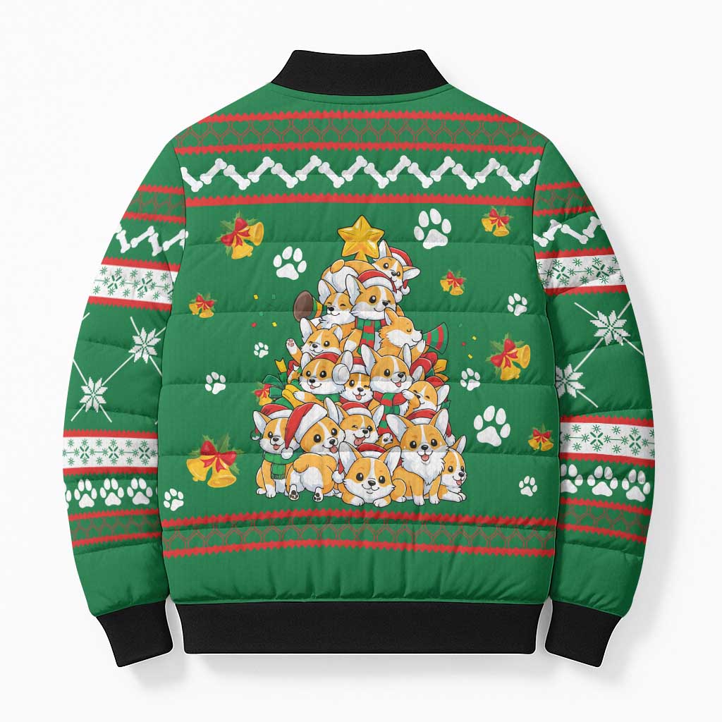 Corgi Dog Lights Corgi Bells Corgi All the Way Bomber Puffer Jacket wirh Green Snowflake Pattern Design - Wonder Print Shop