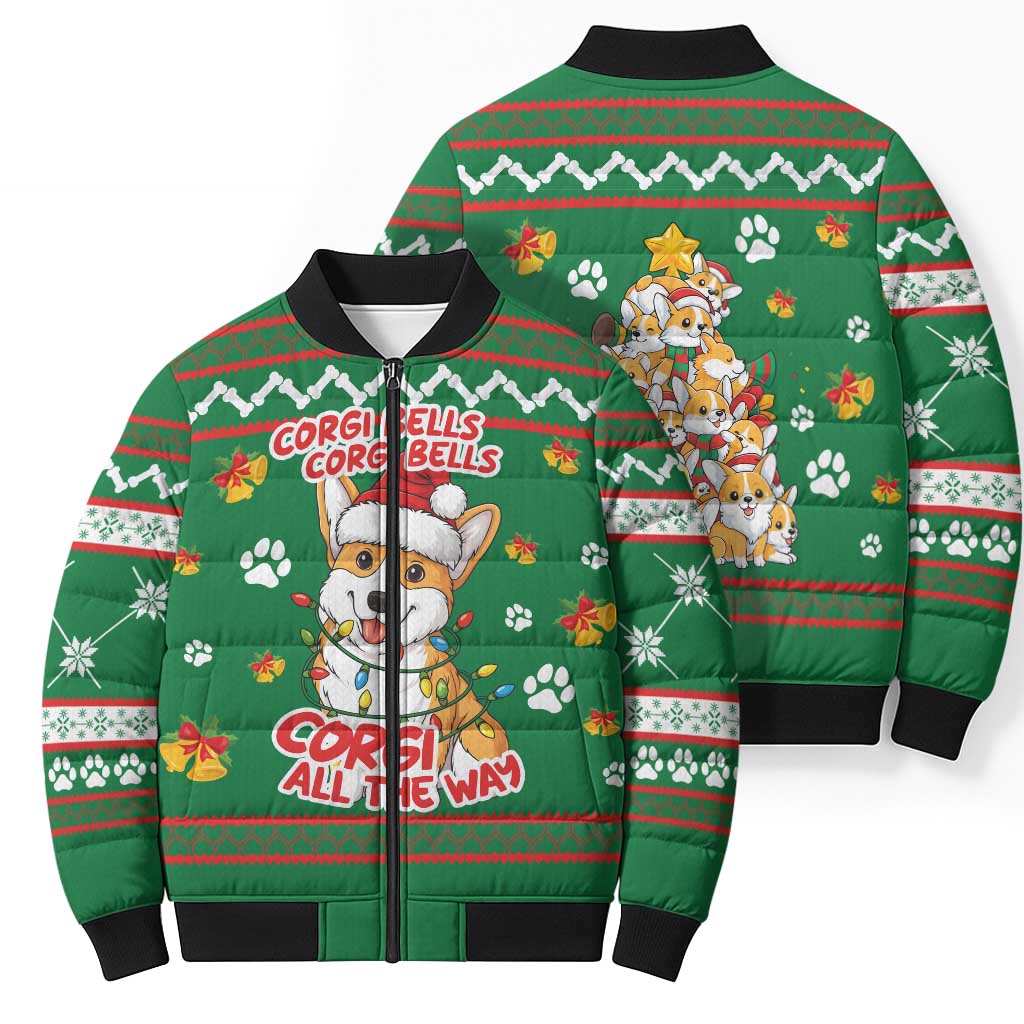 Corgi Dog Lights Corgi Bells Corgi All the Way Bomber Puffer Jacket wirh Green Snowflake Pattern Design - Wonder Print Shop