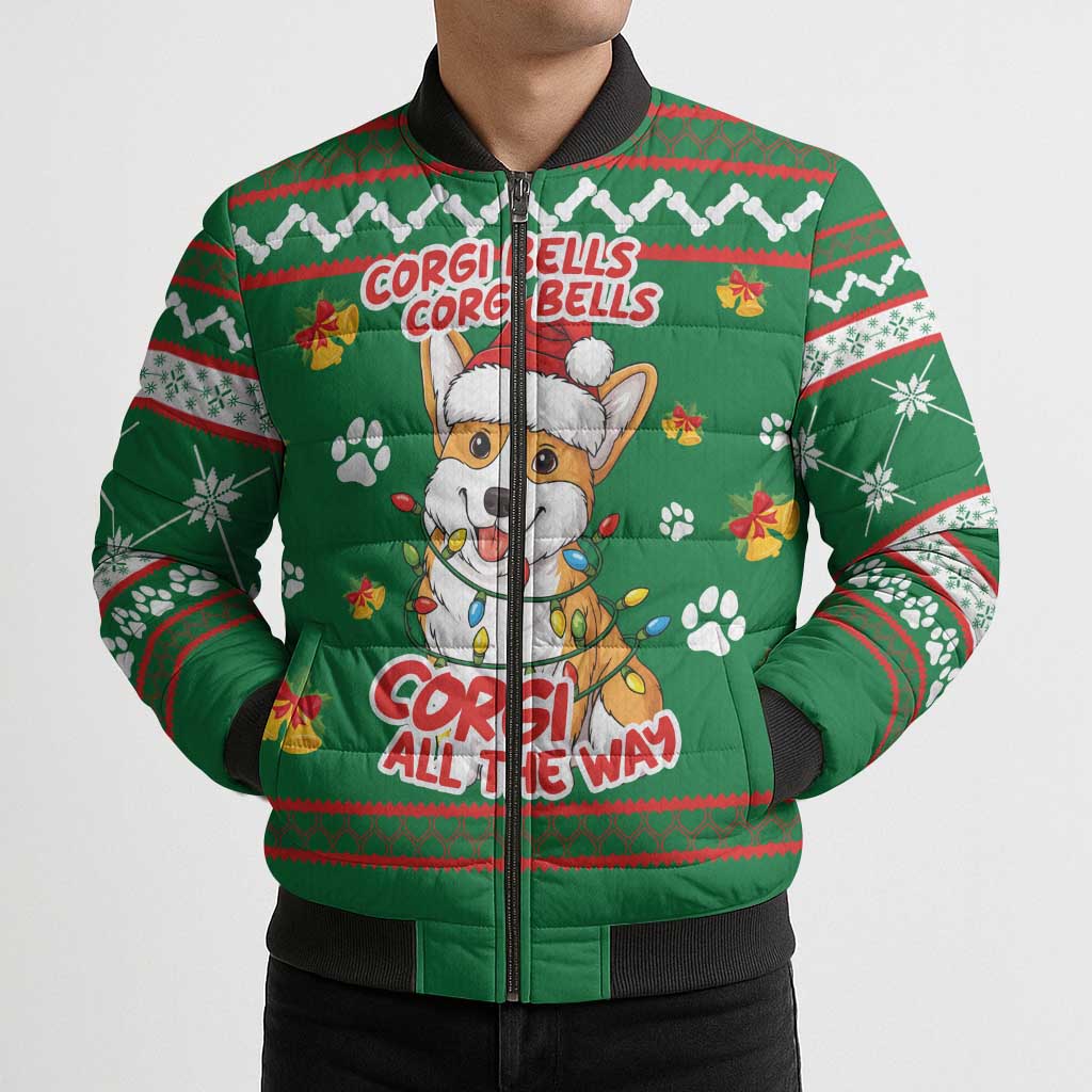 Corgi Dog Lights Corgi Bells Corgi All the Way Bomber Puffer Jacket wirh Green Snowflake Pattern Design - Wonder Print Shop