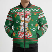 Corgi Dog Lights Corgi Bells Corgi All the Way Bomber Puffer Jacket wirh Green Snowflake Pattern Design - Wonder Print Shop