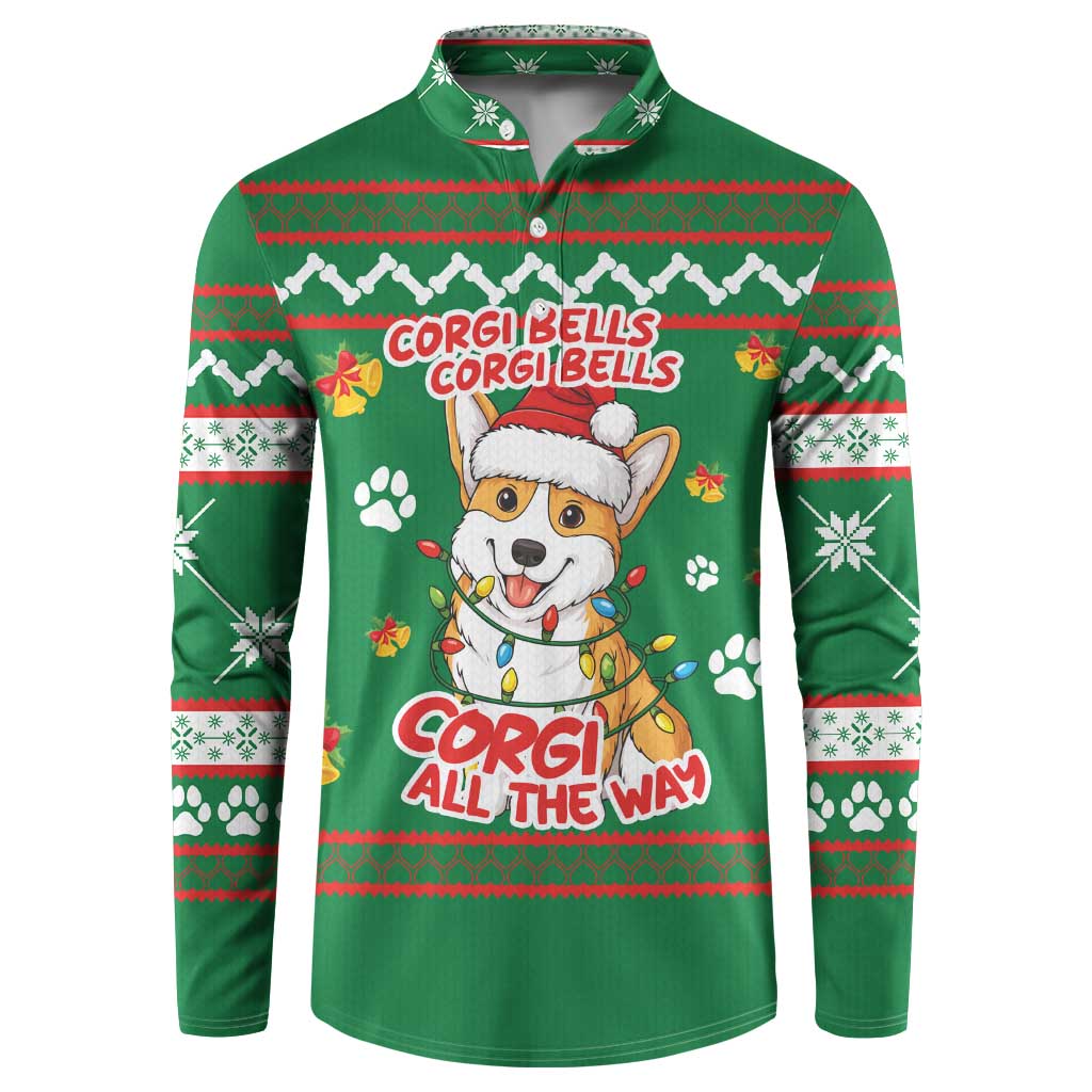 Corgi Dog Lights Corgi Bells Corgi All the Way Button Sweatshirt wirh Green Snowflake Pattern Design - Wonder Print Shop