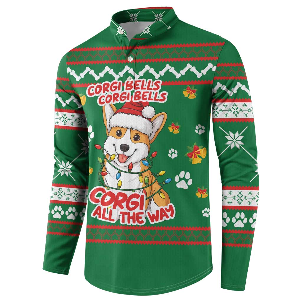 Corgi Dog Lights Corgi Bells Corgi All the Way Button Sweatshirt wirh Green Snowflake Pattern Design - Wonder Print Shop