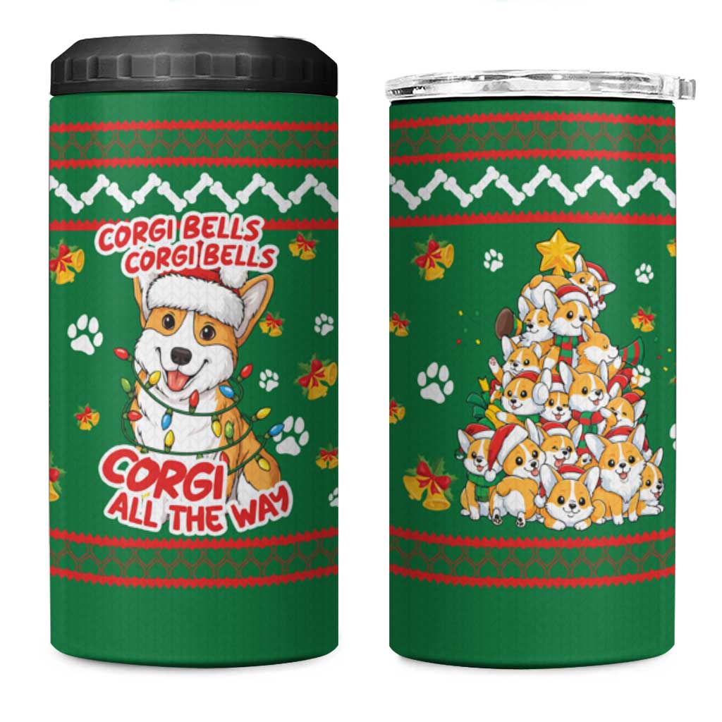Corgi Dog Lights Corgi Bells Corgi All the Way 4 in 1 Can Cooler Tumbler wirh Green Snowflake Pattern Design - Wonder Print Shop