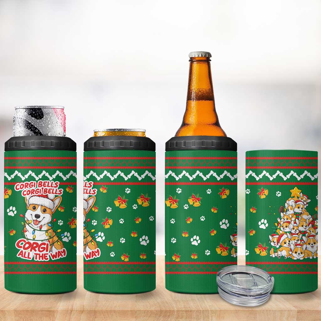 Corgi Dog Lights Corgi Bells Corgi All the Way 4 in 1 Can Cooler Tumbler wirh Green Snowflake Pattern Design - Wonder Print Shop