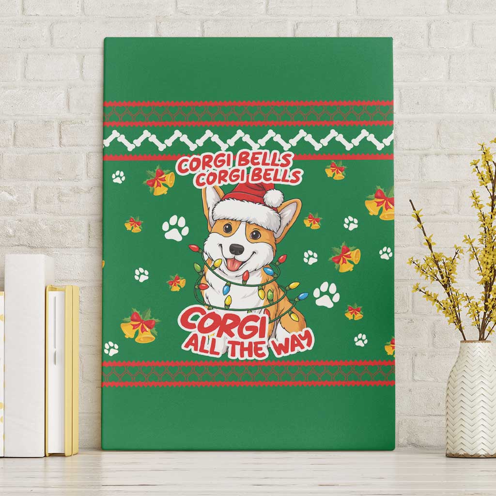 Corgi Dog Lights Corgi Bells Corgi All the Way Canvas Wall Art wirh Green Snowflake Pattern Design - Wonder Print Shop