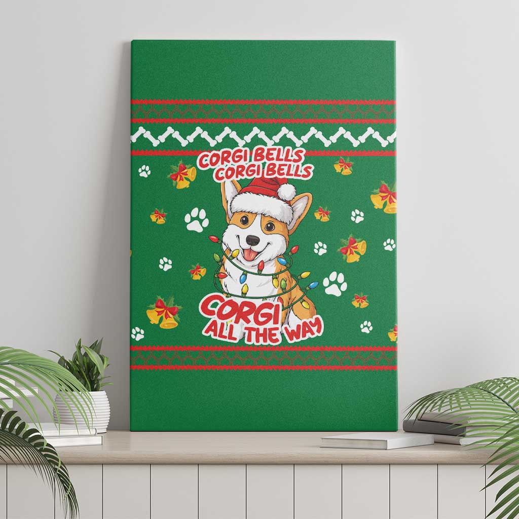 Corgi Dog Lights Corgi Bells Corgi All the Way Canvas Wall Art wirh Green Snowflake Pattern Design - Wonder Print Shop