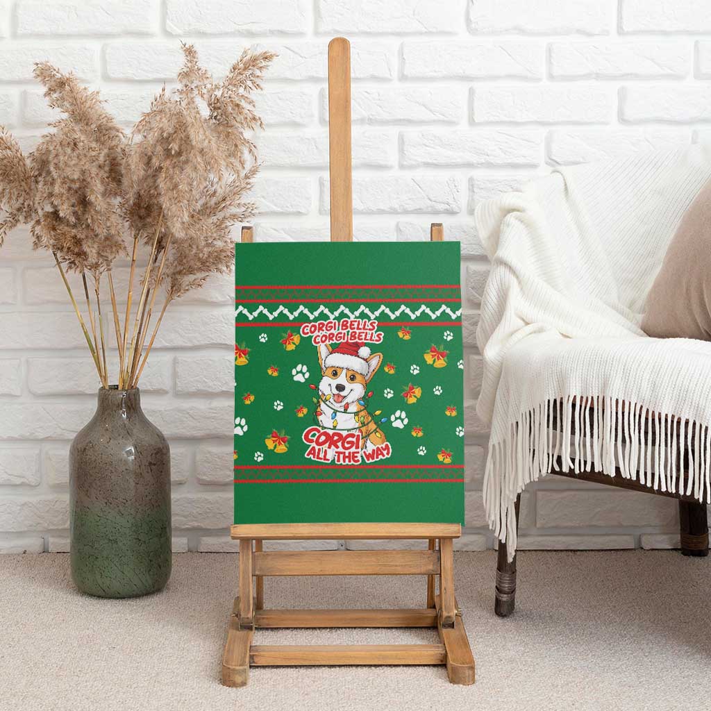 Corgi Dog Lights Corgi Bells Corgi All the Way Canvas Wall Art wirh Green Snowflake Pattern Design - Wonder Print Shop
