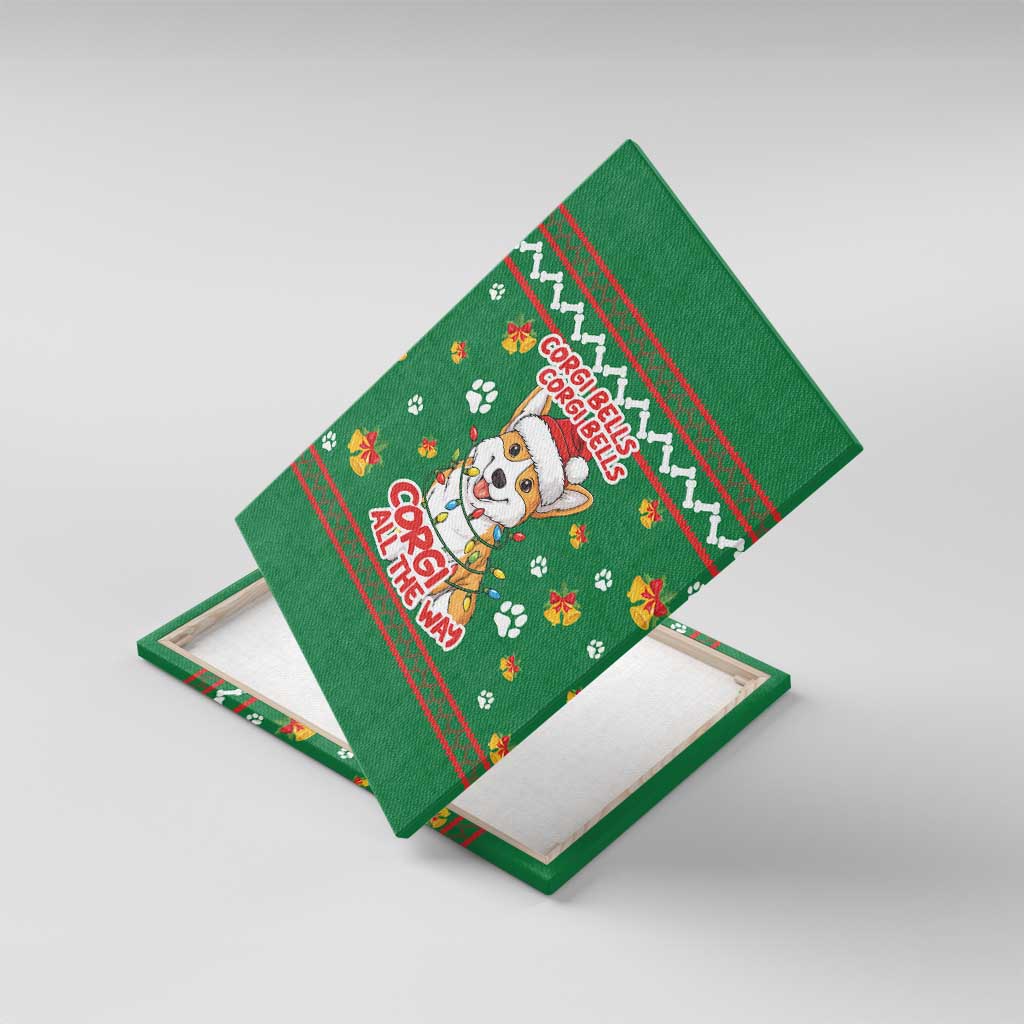 Corgi Dog Lights Corgi Bells Corgi All the Way Canvas Wall Art wirh Green Snowflake Pattern Design - Wonder Print Shop