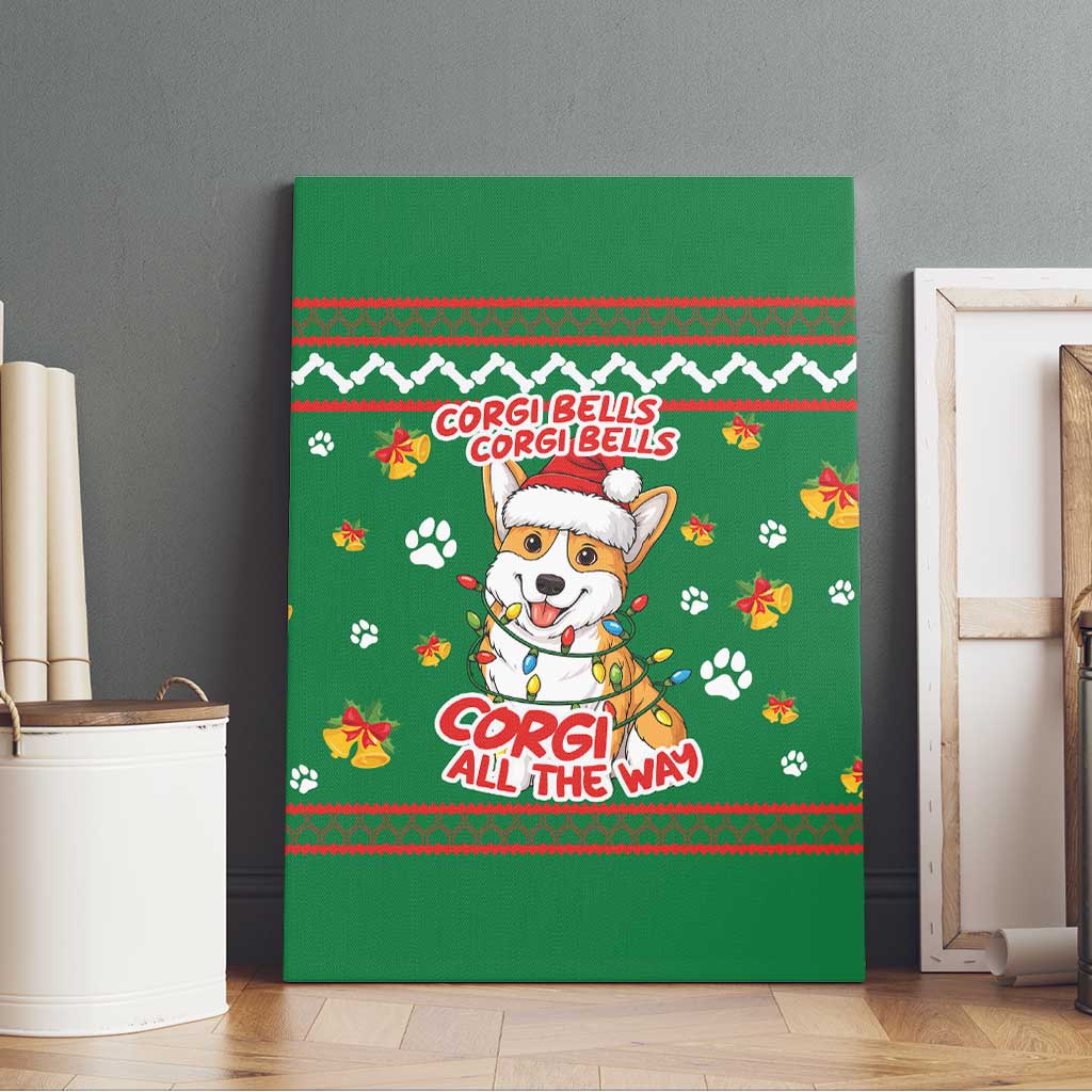 Corgi Dog Lights Corgi Bells Corgi All the Way Canvas Wall Art wirh Green Snowflake Pattern Design - Wonder Print Shop