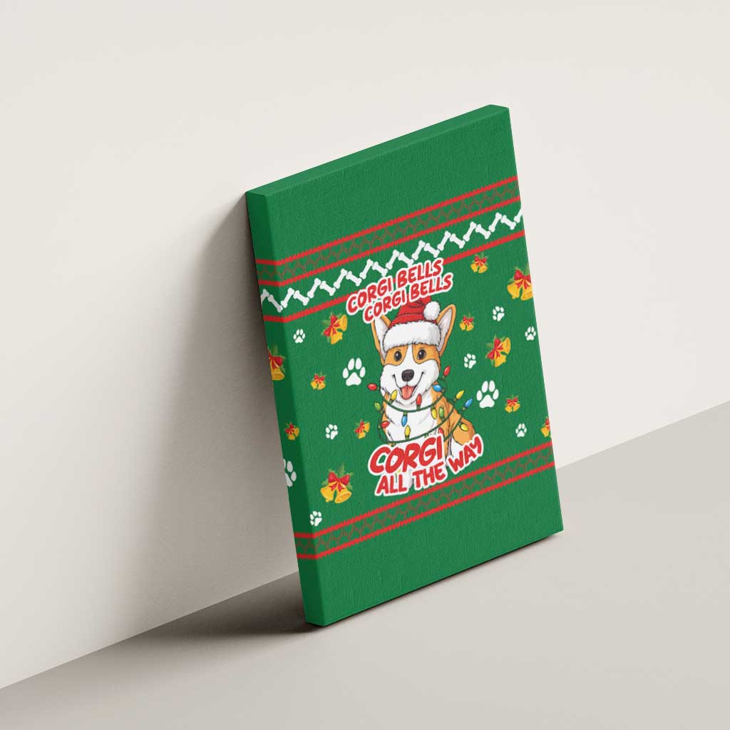 Corgi Dog Lights Corgi Bells Corgi All the Way Canvas Wall Art wirh Green Snowflake Pattern Design - Wonder Print Shop
