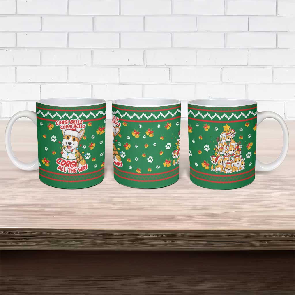 Corgi Dog Lights Corgi Bells Corgi All the Way Ceramic Mug wirh Green Snowflake Pattern Design - Wonder Print Shop