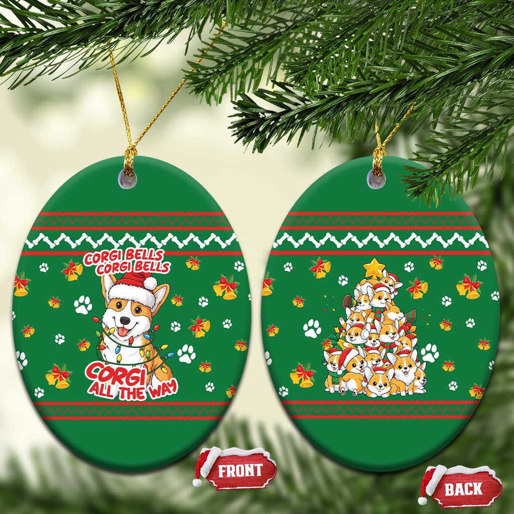 Corgi Dog Lights Corgi Bells Corgi All the Way Ceramic Ornament wirh Green Snowflake Pattern Design - Wonder Print Shop