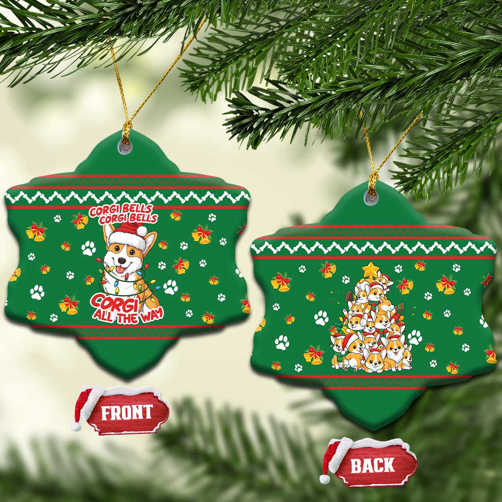 Corgi Dog Lights Corgi Bells Corgi All the Way Ceramic Ornament wirh Green Snowflake Pattern Design - Wonder Print Shop