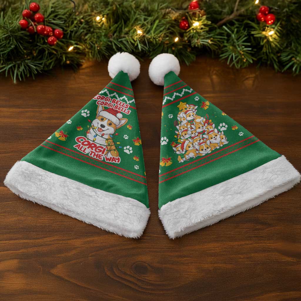 Corgi Dog Lights Corgi Bells Corgi All the Way Christmas Santa Hat wirh Green Snowflake Pattern Design - Wonder Print Shop