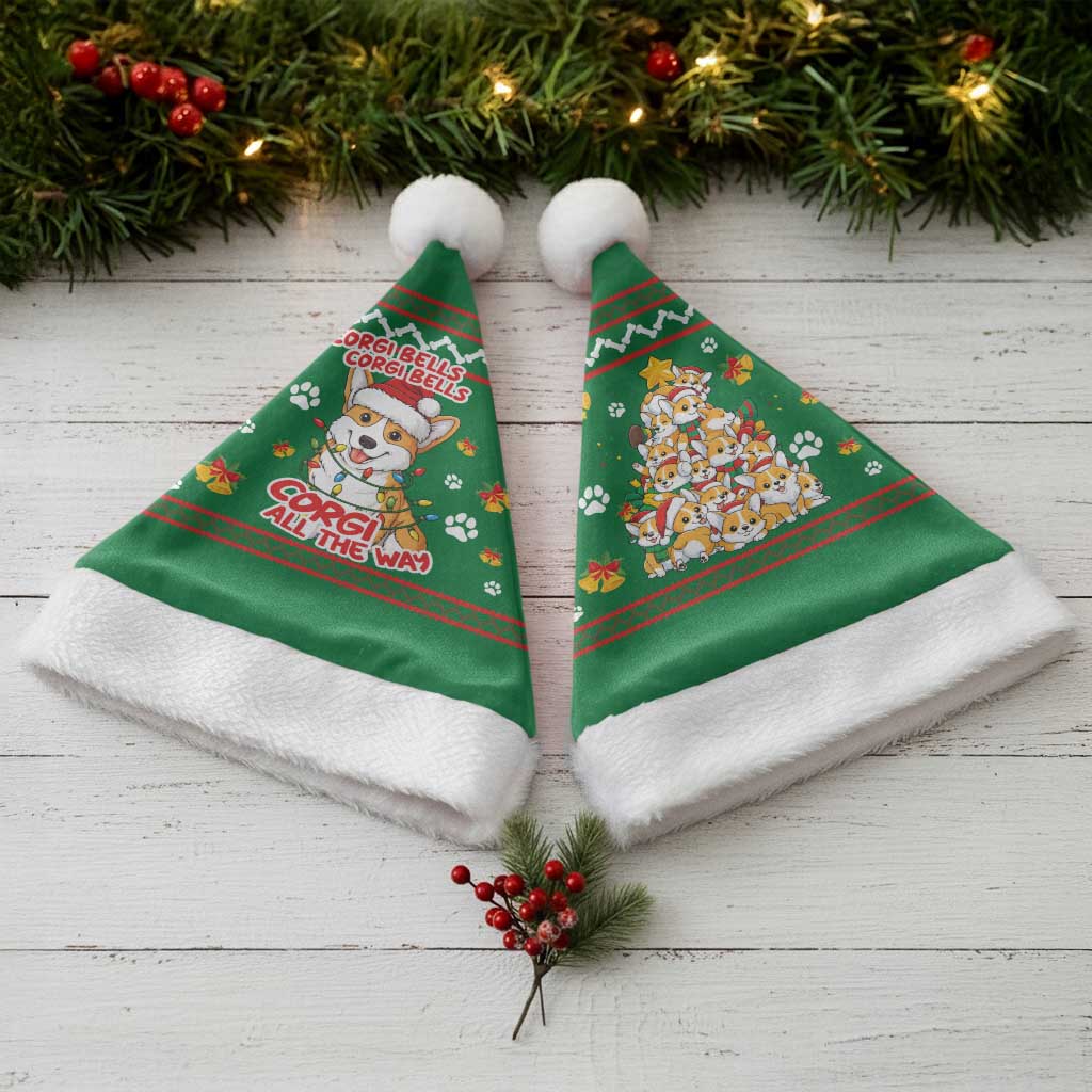 Corgi Dog Lights Corgi Bells Corgi All the Way Christmas Santa Hat wirh Green Snowflake Pattern Design - Wonder Print Shop