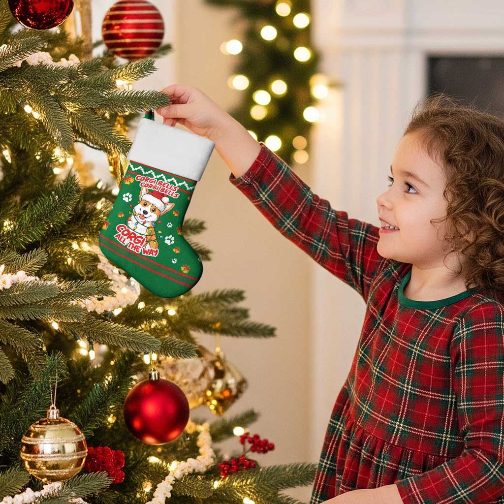 Corgi Dog Lights Corgi Bells Corgi All the Way Christmas Stocking wirh Green Snowflake Pattern Design - Wonder Print Shop