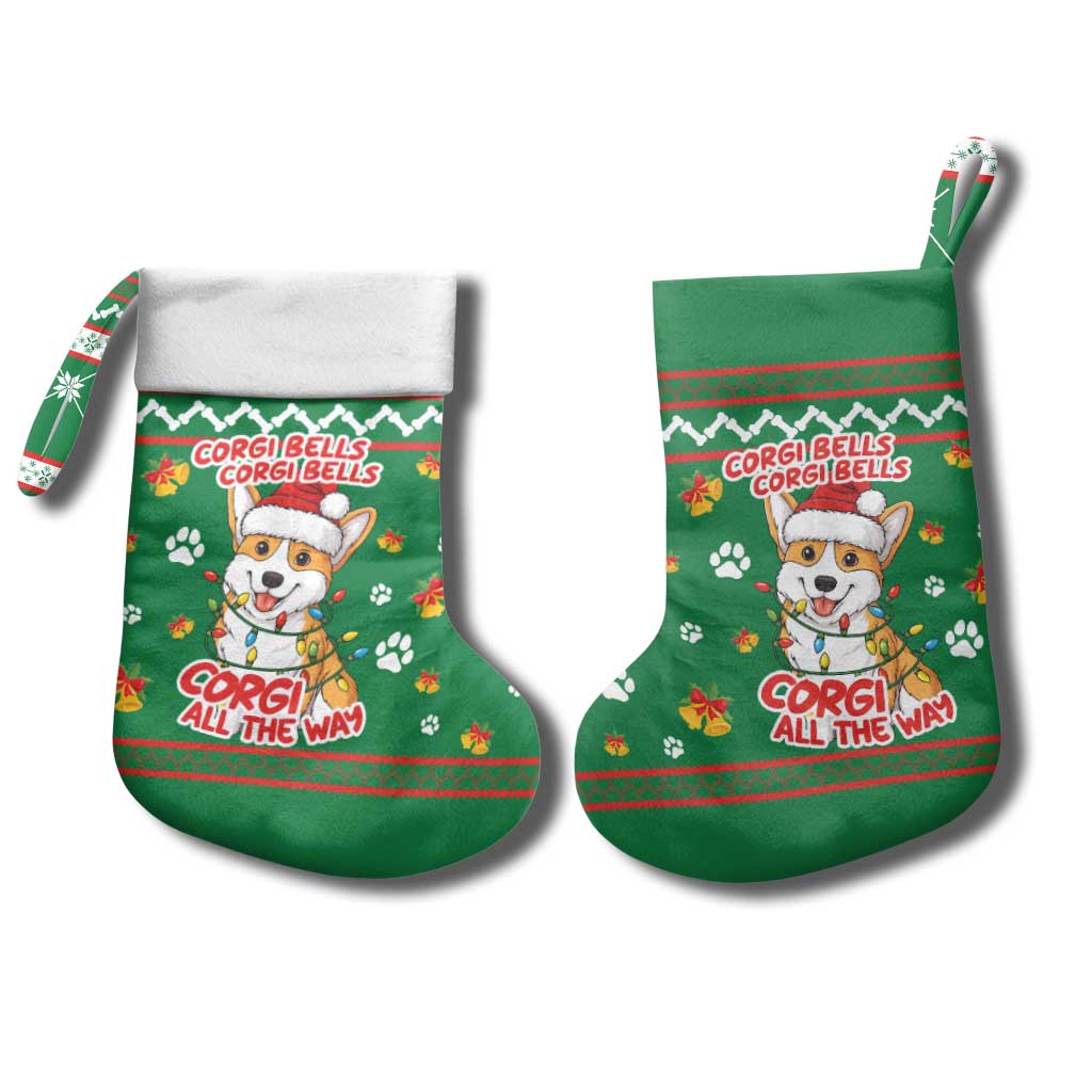Corgi Dog Lights Corgi Bells Corgi All the Way Christmas Stocking wirh Green Snowflake Pattern Design - Wonder Print Shop