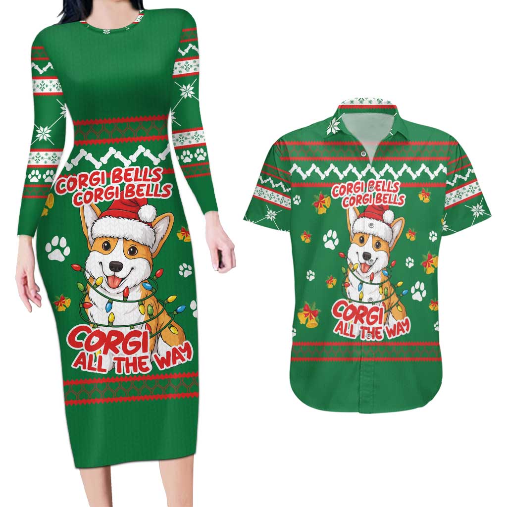 Corgi Dog Lights Corgi Bells Corgi All the Way Couples Matching Long Sleeve Bodycon Dress and Hawaiian Shirt wirh Green Snowflake Pattern Design - Wonder Print Shop