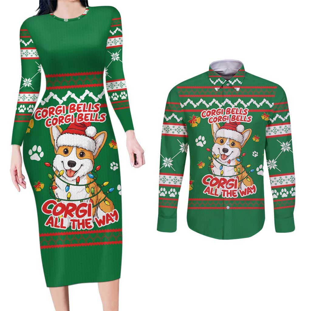 Corgi Dog Lights Corgi Bells Corgi All the Way Couples Matching Long Sleeve Bodycon Dress and Long Sleeve Button Shirt wirh Green Snowflake Pattern Design - Wonder Print Shop